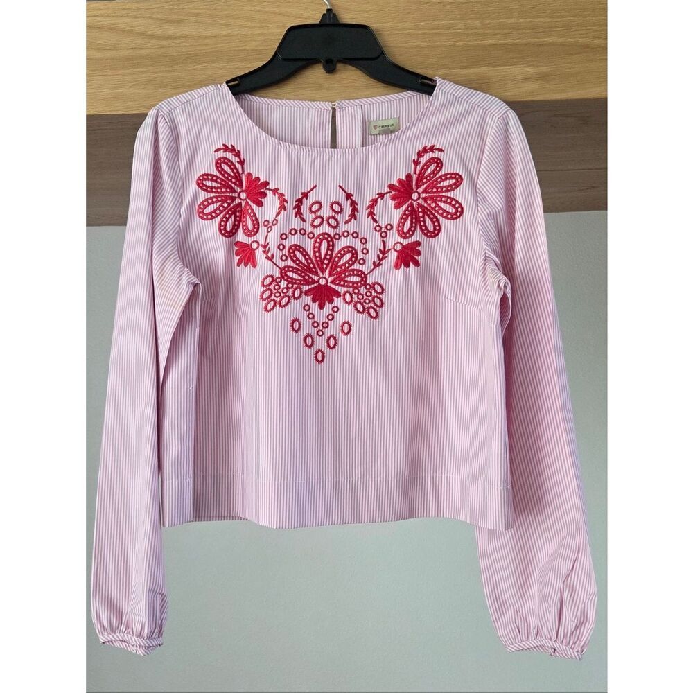 Women’s Pink Striped Long-Sleeve Top with Red Floral Embroidery